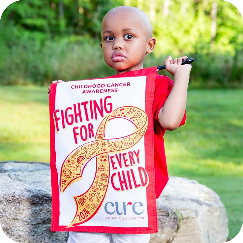 Child holding red "Fight for Every Child" flag